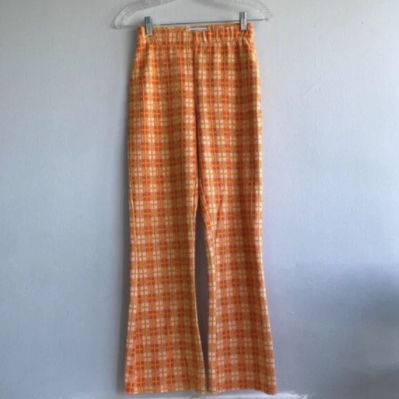 URBAN OUTFITTERS Knit Flare Checked Orange Pants High Waisted - Small - Picture 2 of 5